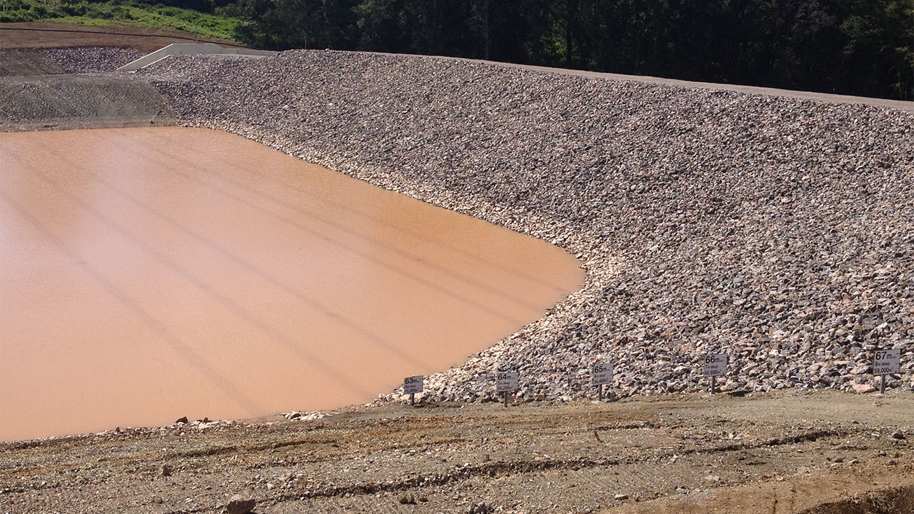 A large, engineered pond with abundant water